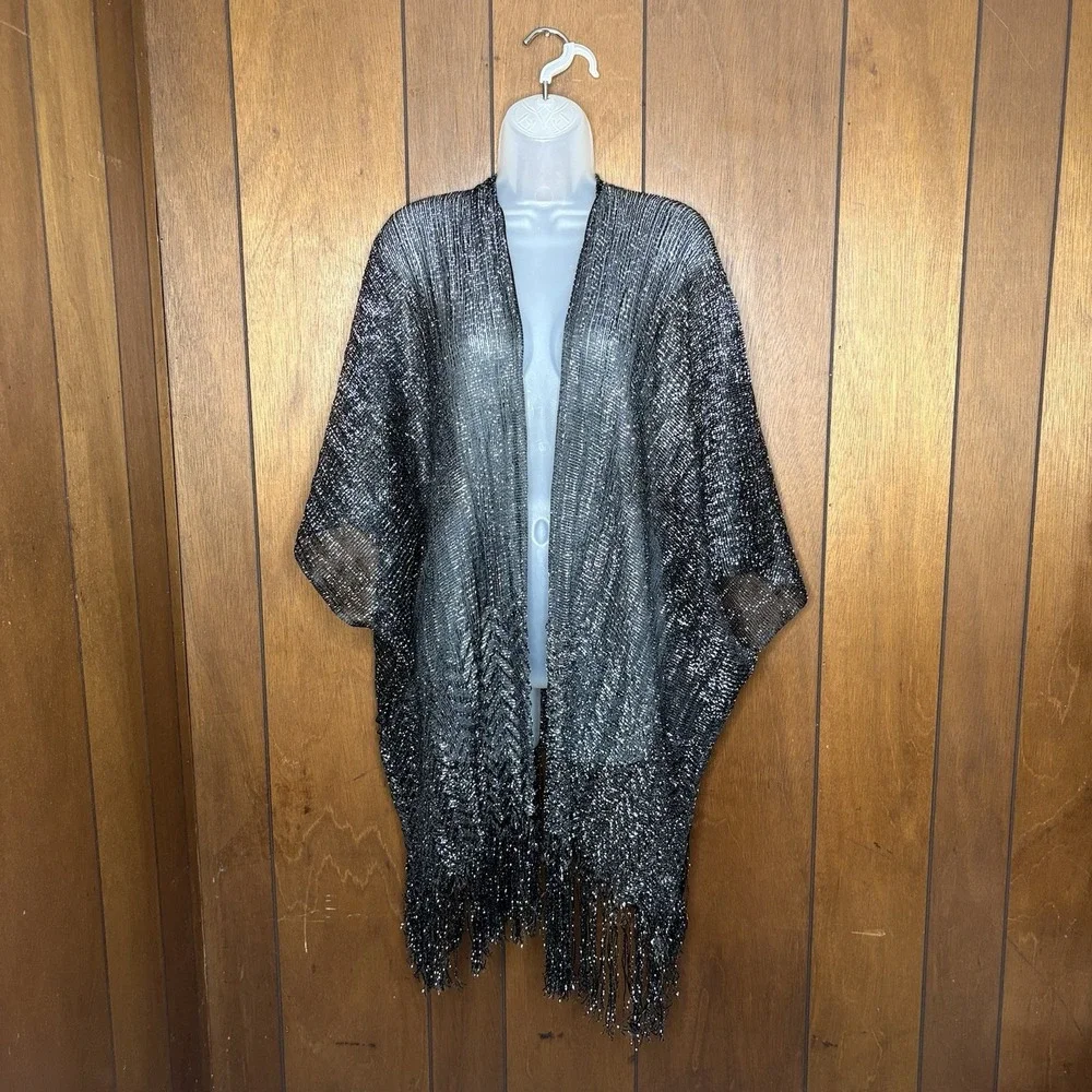 Boho Whimsigoth Kimono Silver Metallic Net Wrap Shawl Festival Sheer Glam NWT